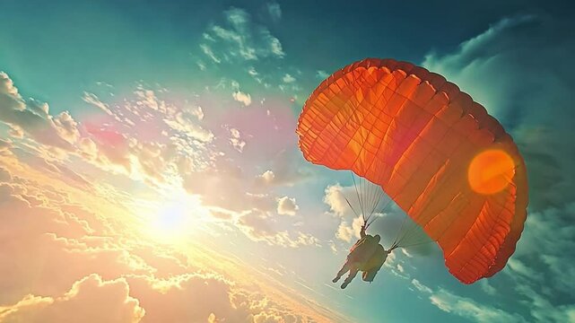 Sunset Paragliding: A paraglider soars through a vibrant sunset sky, the warm hues of the sun painting the clouds with fiery colors.