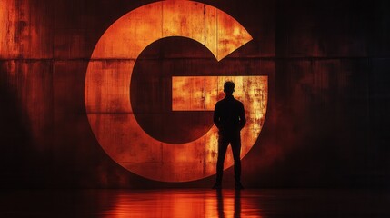 Confident Individual with Continuous Glucose Monitor in Front of Bold G Display, Warm Orange Hues, Dark Backdrop