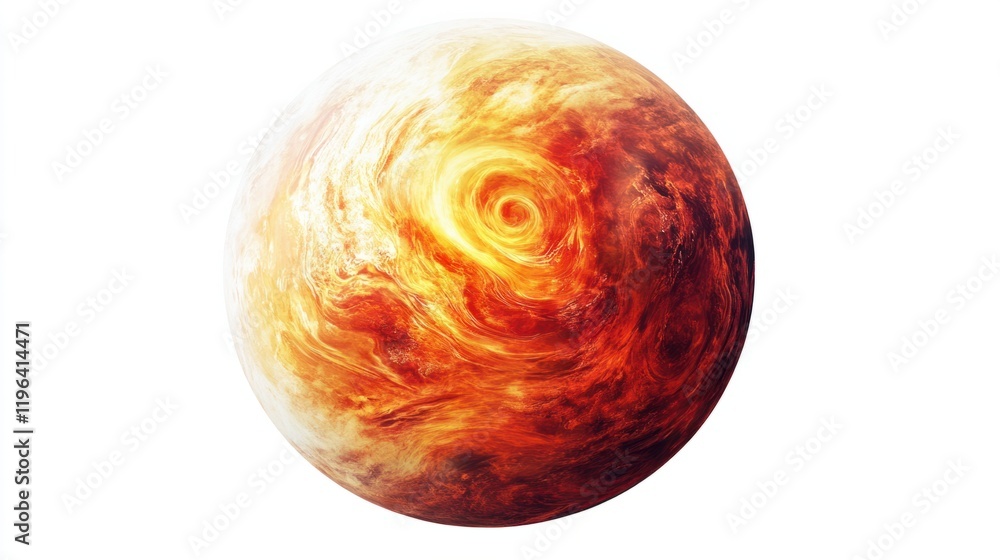 Poster a gas planet with swirling red and orange clouds, creating a fiery and dynamic appearance, isolated 
