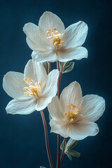 Obraz premium Three Delicate White Flowers Against A Deep Blue Background