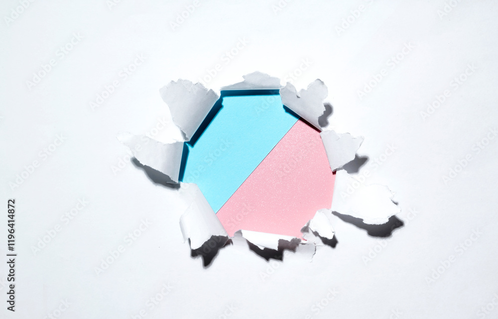Poster top view of the hole from ripped white paper with a colored background. mockup. copy space. presenta