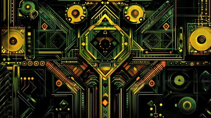 Abstract Geometric Green and Gold Digital Artwork