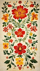 12. A Russian folk art fabric pattern with intricate floral motifs in red, yellow, and green