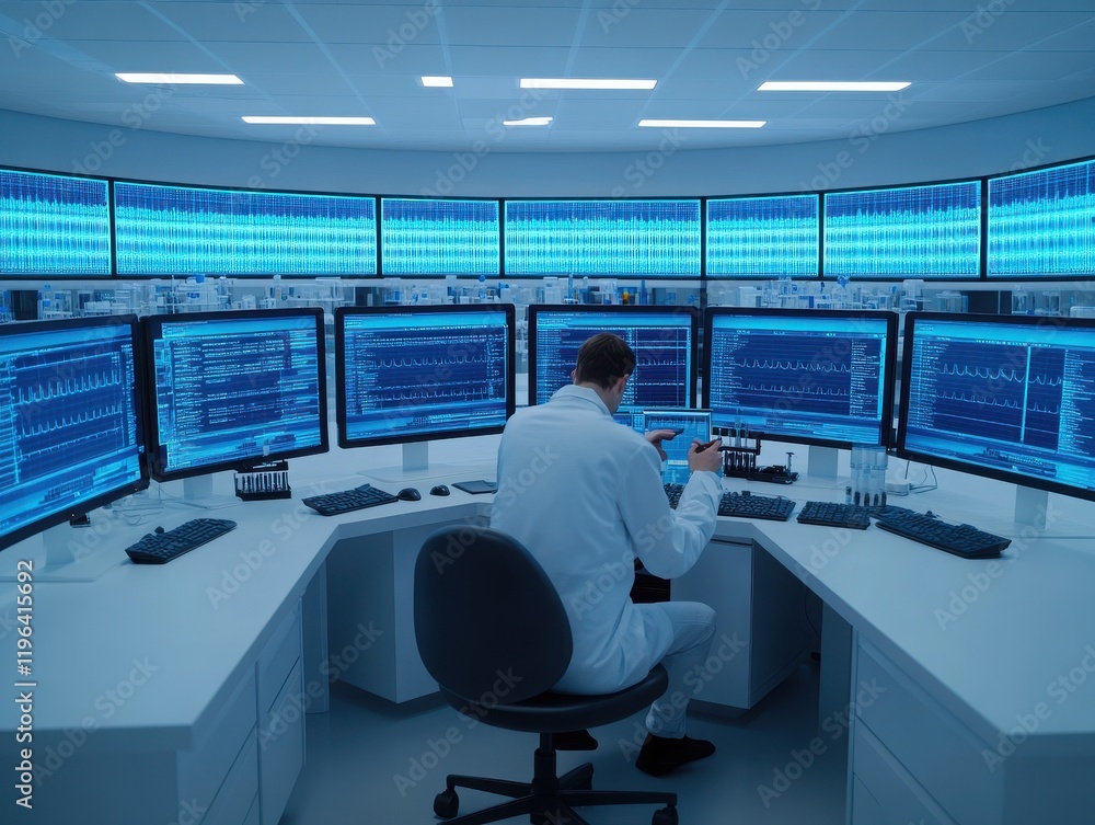 Poster a focused scientist analyzes data on multiple screens in a modern laboratory, showcasing advanced te