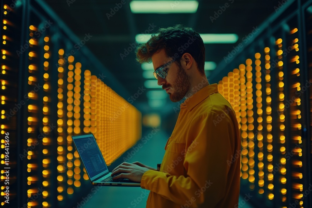 Poster a focused professional typing on a laptop amid illuminated data servers, showcasing modern technolog