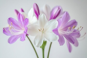Delicate Blossoms in Soft Focus, elegant white and purple flowers on a soft white backdrop, ethereal ambiance with a dreamy haze