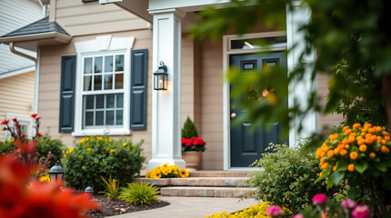 Dream House Exterior: Stunning Home with Landscaped Garden and Brick Pathway