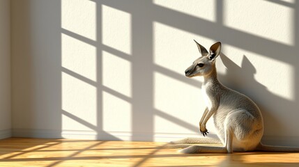 Kangaroo sitting indoors, sunlit room.