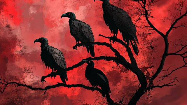 Vultures perched on branches against a haunting Halloween backdrop, Four vultures perched in tree branches Halloween background red and black