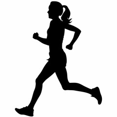 A woman running with her right hand on her hip. She is wearing a black shirt and black shorts