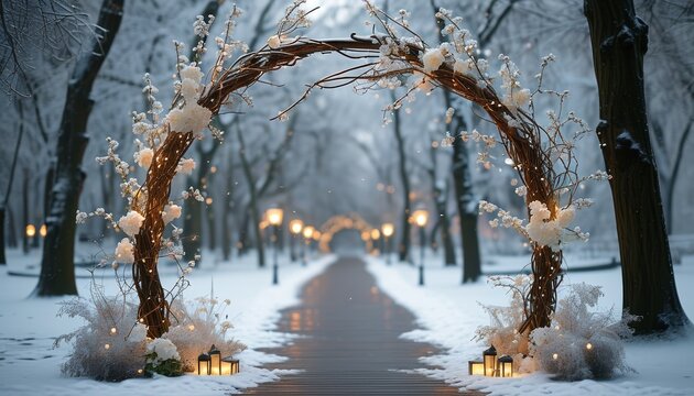Winter wedding arch in snowy park with copy space