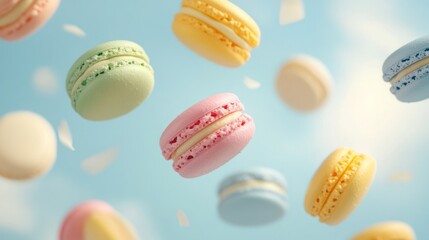 Floating Macarons in Soft Pastel Tones Against a Clear Sky