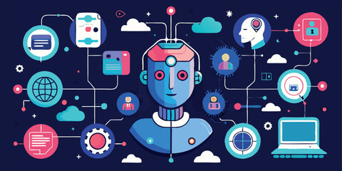 Create a futuristic infographic illustrating the interconnected systems of artificial intelligence technologies. Show various components like virtual assistants, machine learning, face recognition, au