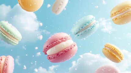 Sprinkled Pastel Macarons Floating in a Dreamy Sky