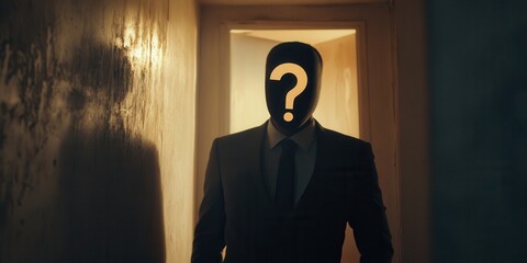 Mysterious Businessman with Question Mark Mask, enigmatic figure in formal attire, symbolizing uncertainty and hidden identity