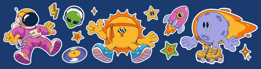 Groovy universe sticker pack - fun cosmic elements. Flying astronaut, alien in headphones, sun with headband, roller skating planet with comet fire trail, pink rocket, colorful stars and vinyl record.