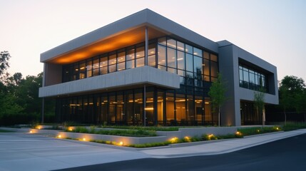 Modern two story building with concrete trim and glass facade at dusk with copy space