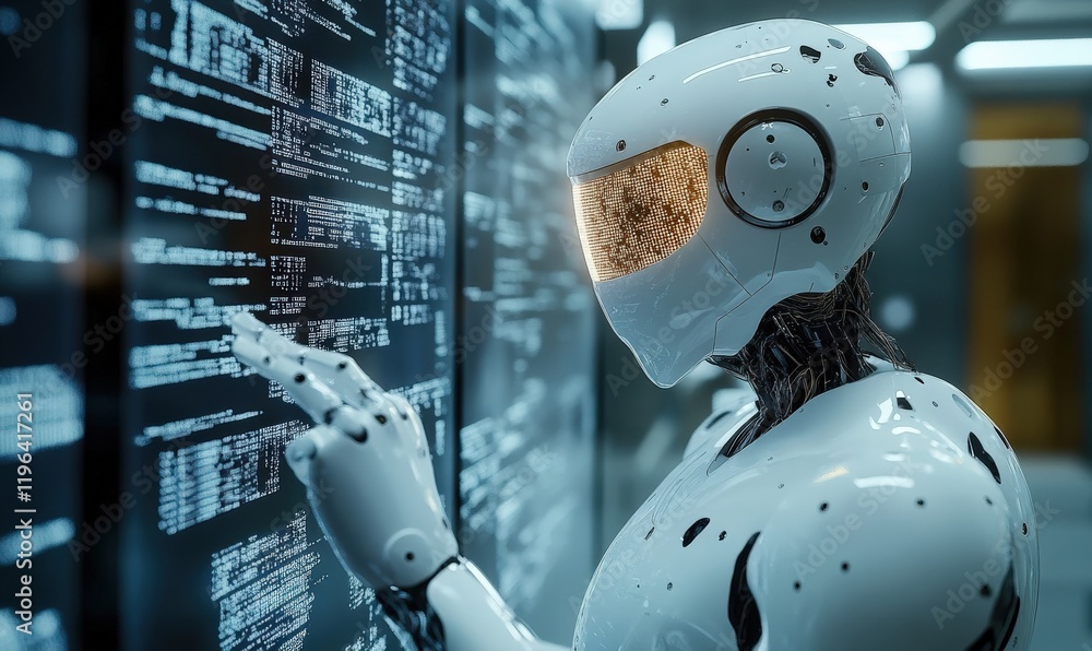 Poster a white humanoid robot is working next to the computer