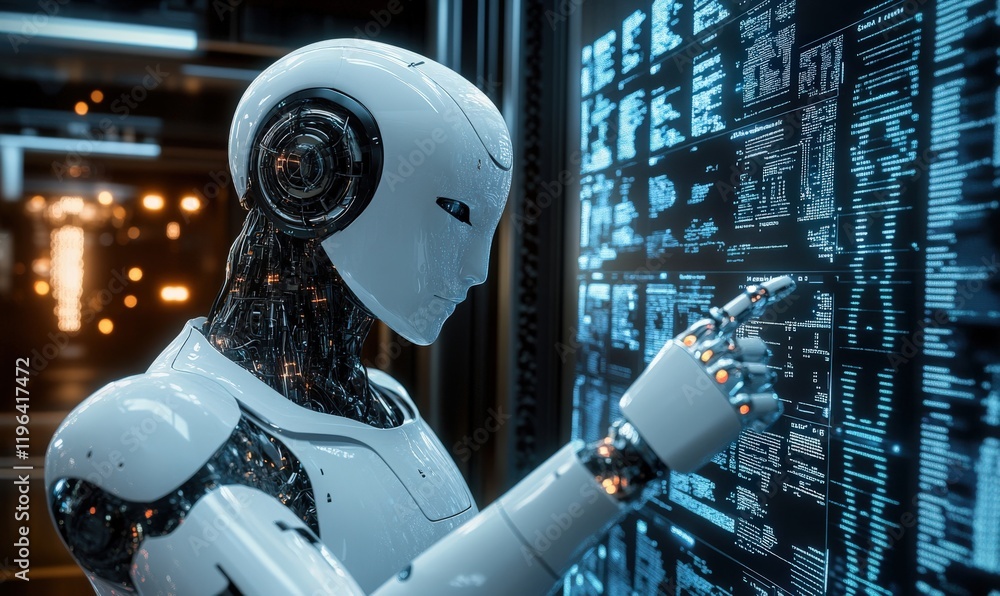 Poster a white humanoid robot is working next to the computer