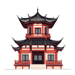 Fototapeta premium A depiction of a two story red Chinese pagoda with black tiled roofs and intricate details.