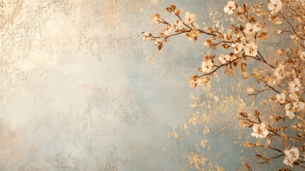 Elegant floral arrangement with delicate peach blossoms on a textured gold and blue background.