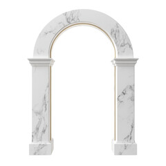 A 3D rendering of an elegant marble archway featuring gold accents and classical architectural details.