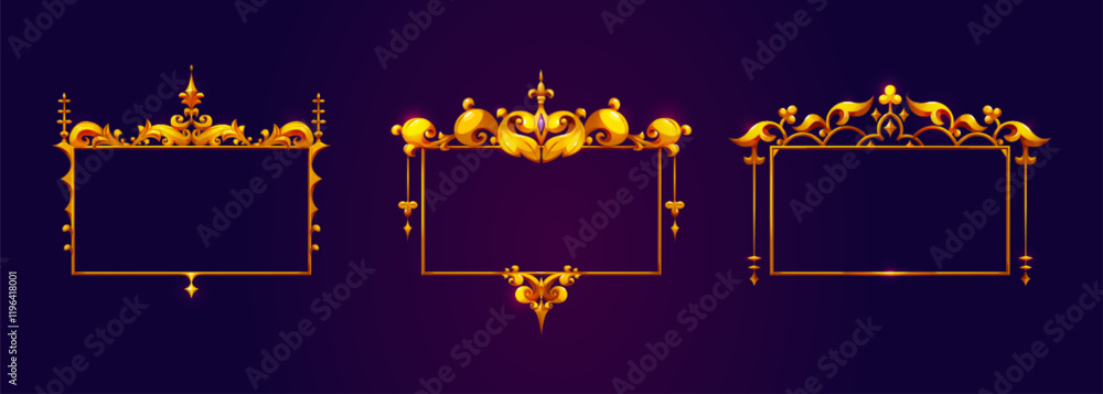 Poster medieval game frames set - ornate golden borders with decorative flourishes on dark background. roya