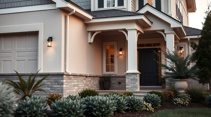 Luxury Home Exterior at Dusk: Modern Architectural Design and Landscaping