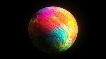 A vibrant planet with rainbow-like patterns and glowing atmospheres, giving a magical appearance, on black