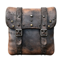 A weathered leather pouch with metal clasps, isolated on transparent background.