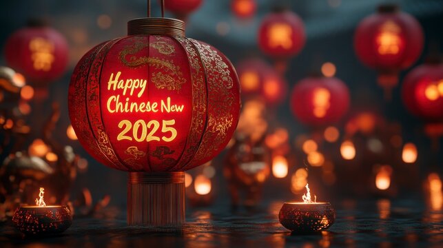 Silk Red "Happy Chinese New Year 2025" written on a bold red banner with golden calligraphy, surrounded by glowing lanterns and intricate paper-cut patterns of zodiac animals .
