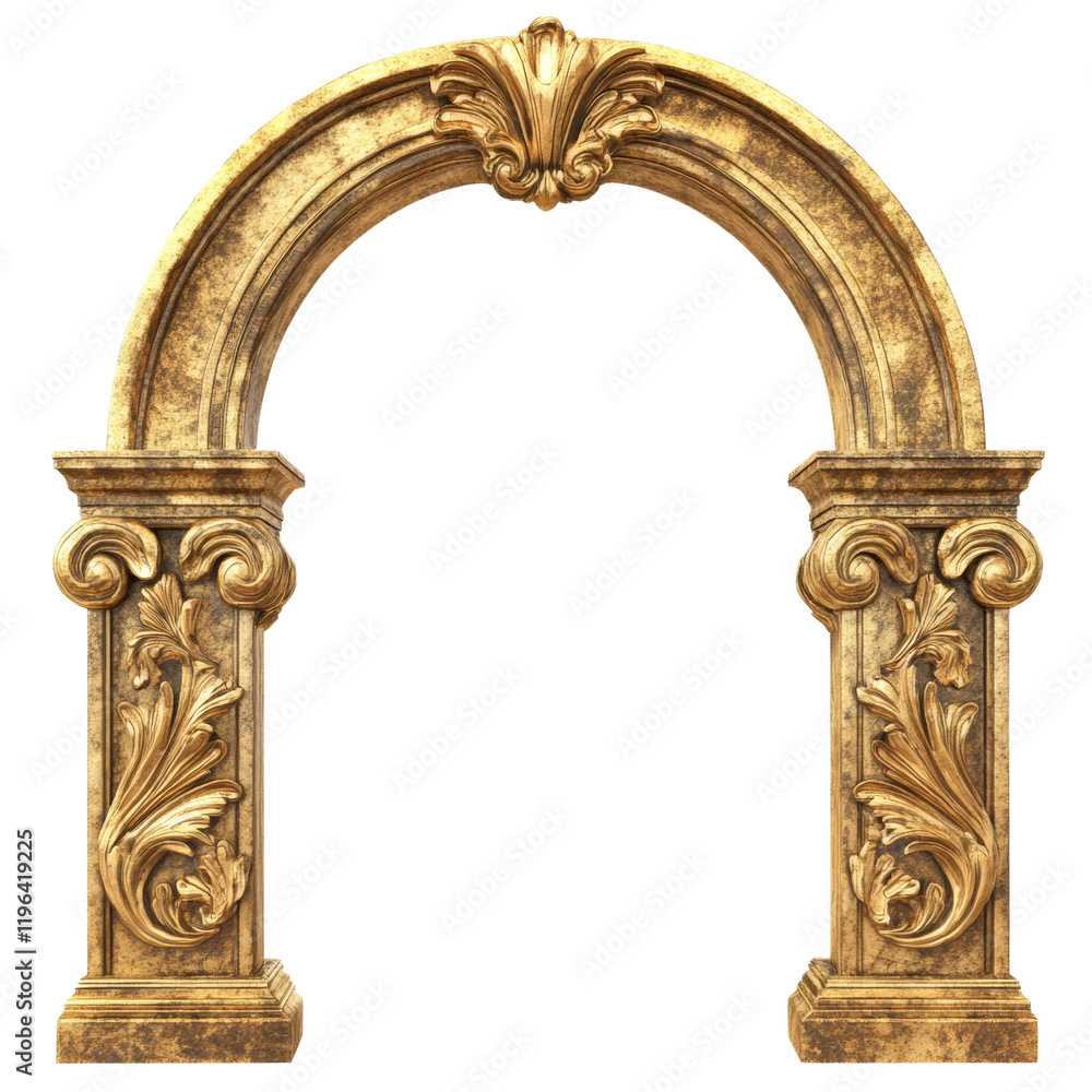 Aufkleber A digitally rendered image showcases a golden archway featuring intricate leaf carvings on its pillars and keystone, exhibiting a classical architectural style.