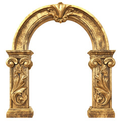 Naklejka premium A digitally rendered image showcases a golden archway featuring intricate leaf carvings on its pillars and keystone, exhibiting a classical architectural style.