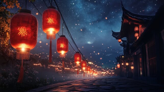Illuminated night street scene in Asian town with red lanterns and floating lights.