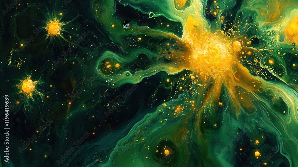 Poster immune system visualization in vibrant green and yellow tones, showcasing cellular interactions and 