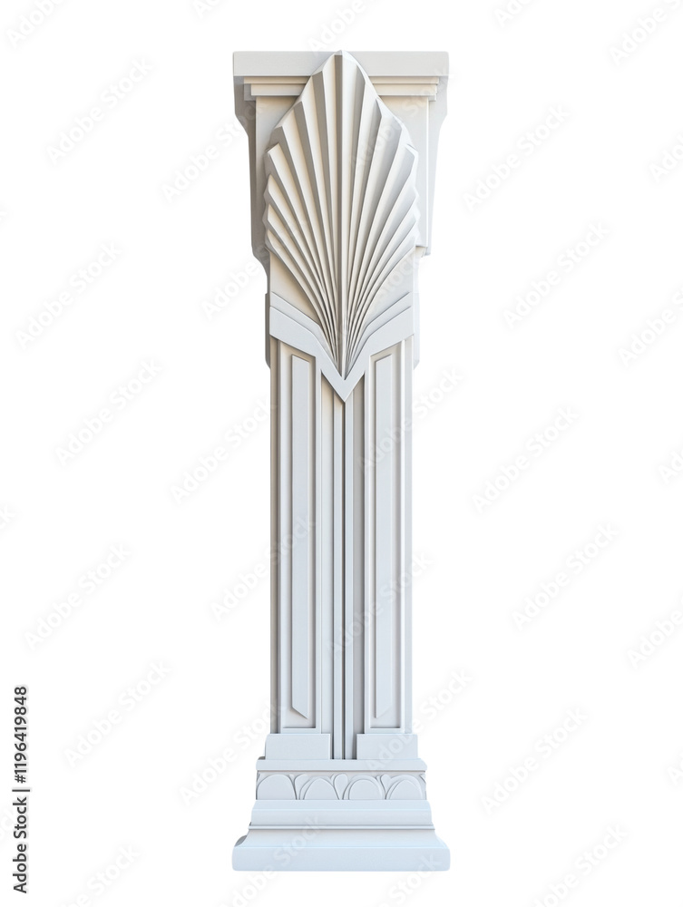 Poster a digitally rendered image of a white architectural column featuring an art deco style fan-shaped ca