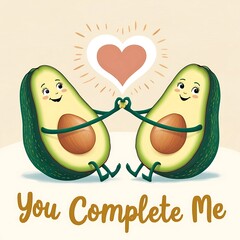 Untitled design A cute cartoon-style design of a smiling avocado couple holding hands, with a heart in the middle of their pits, and the phrase 'You Complete Me' written in bold, playful font.- 1