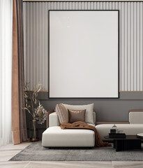 Modern cozy interior design living room and canvas frame on wooden pattern wall background. 3D rendering. 