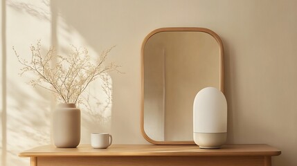 Serene Minimalist Home Decor: Beige Vase, Dried Flowers, Modern Lamp, and Wooden Mirror on a Light Wood Console Table