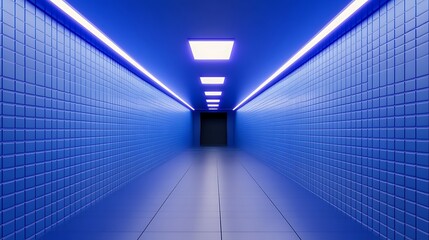 Futuristic blue neon lit corridor.  Modern, clean, and minimalist design.
