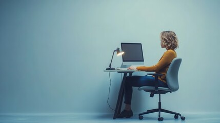 Graphic Designer at Work, professional setting, focused on computer screen, modern office chair, grey background, side view, creative atmosphere