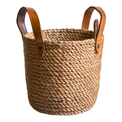 A woven jute storage basket with leather handles, isolated on transparent background.