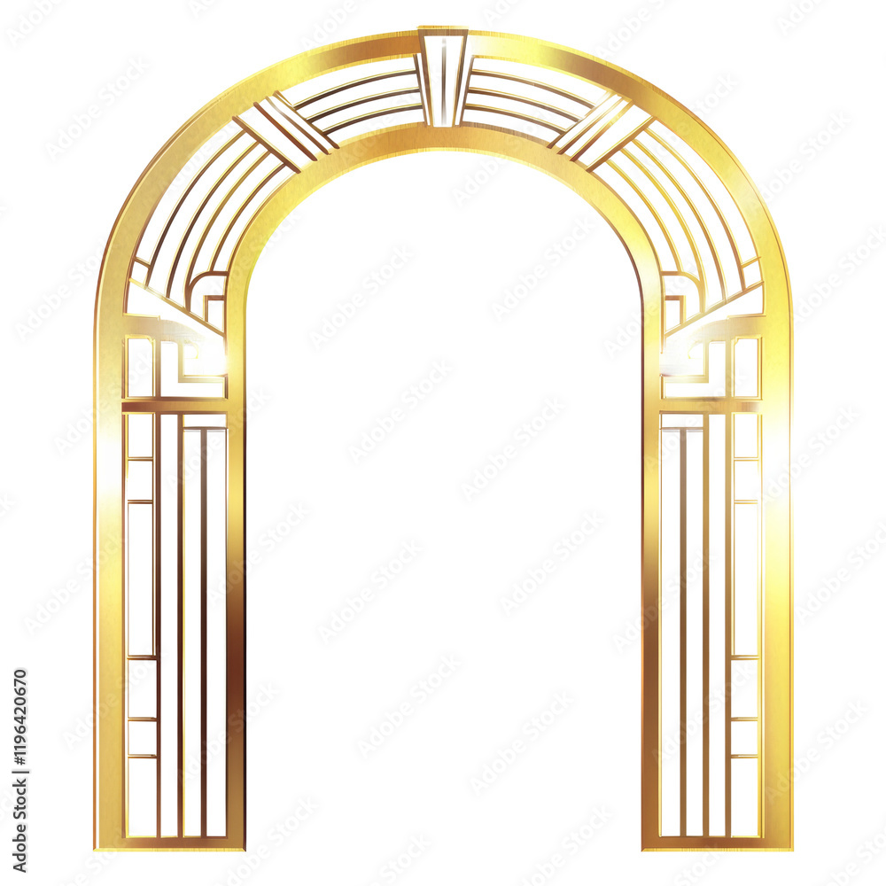 Poster A digitally rendered image of a golden art deco style archway, showcasing intricate geometric patterns and elegant design.