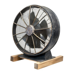 An industrial cooling fan with large blades, resting on a workbench, isolated on white background.