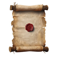 Ancient scroll with a wax seal, isolated on transparent background.