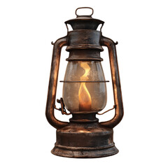 Antique lantern with a flickering flame, on transparent background.