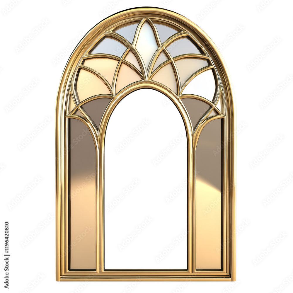 Poster a digitally rendered image showcasing a golden arched window frame with intricate glass panels exhib