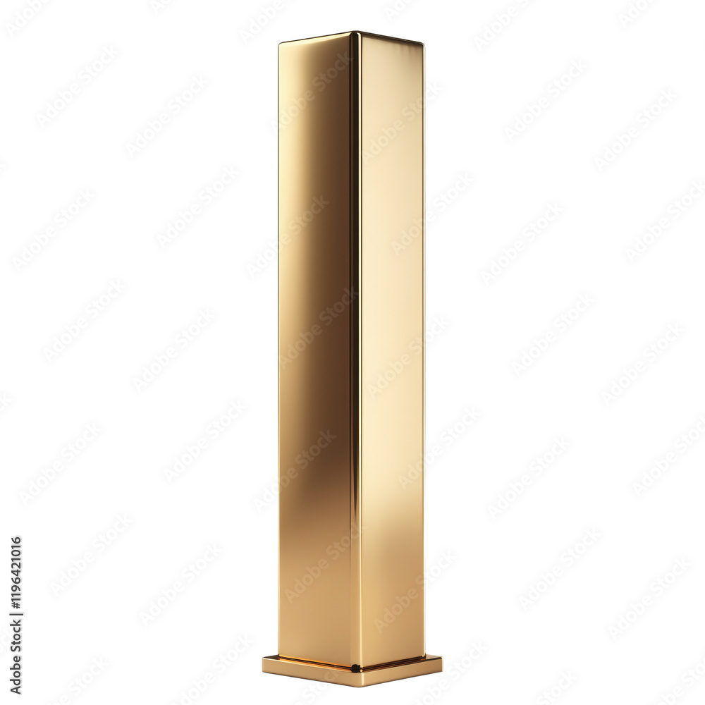 Aufkleber a tall golden rectangular prism stands on a small square base against a black background.