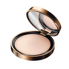 Closed round powder box with a sleek makeup mirror beside it, on transparent background.