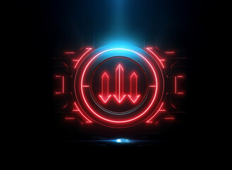 A futuristic, dark emblem glows with vibrant red and blue neon lights.  The central symbol resembles three upward-pointing arrows within a circular frame.  The design is sleek and technologically adva